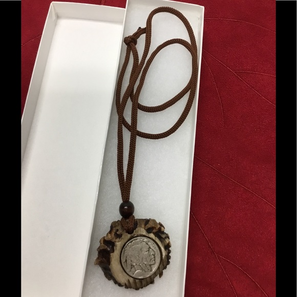 Handmade Old Nickel set in Wood Necklace - Picture 2 of 5